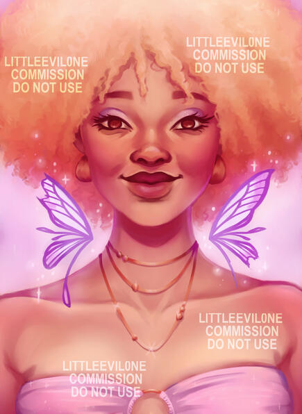A blonde fairy with natural curls wearing a purple tube top and copper necklace with purple and white wings on either side of her neck
